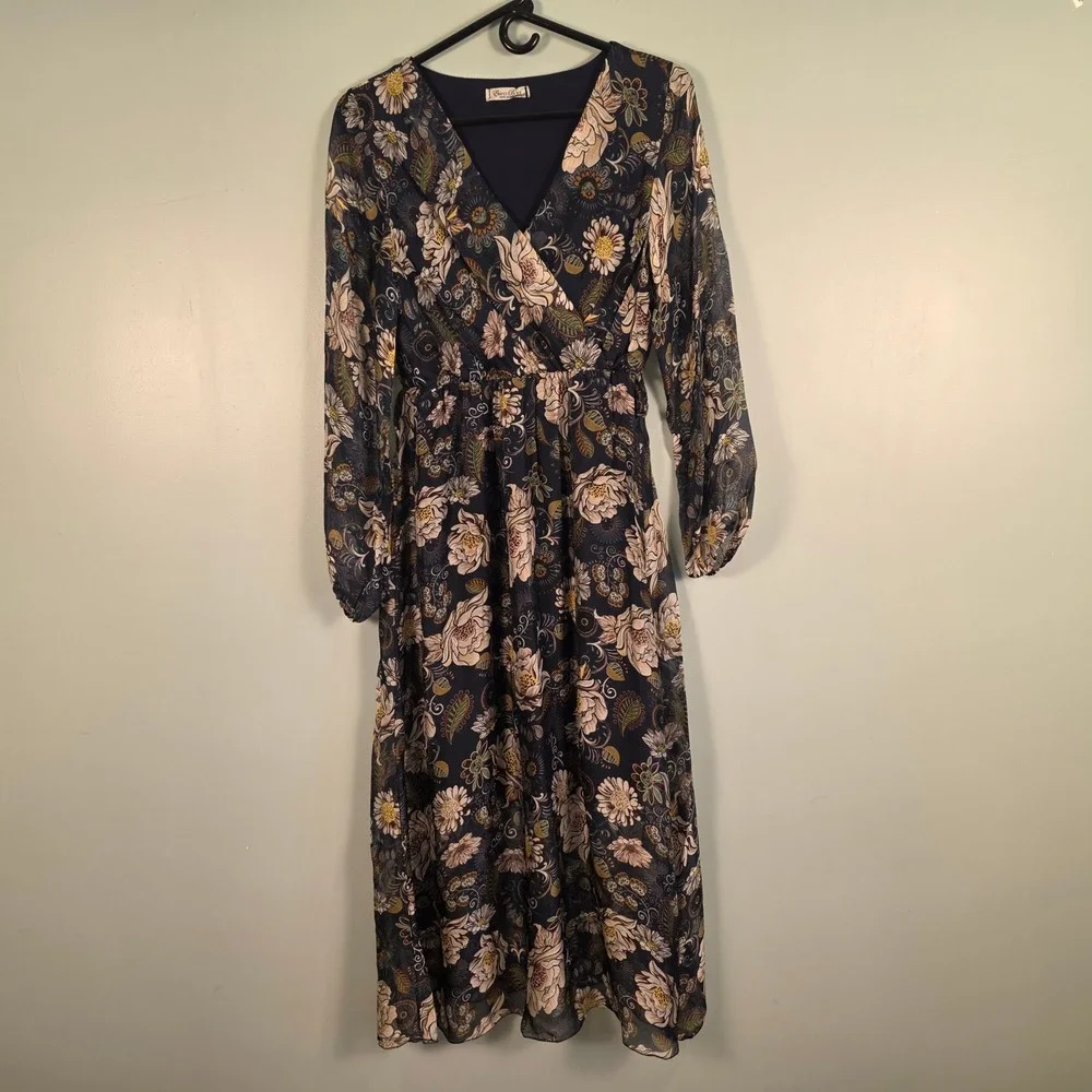 Elena Baldi Italy Silk Blend Floral Paisley Midi Dress Navy Blue Womens Small - Picture 1 of 9